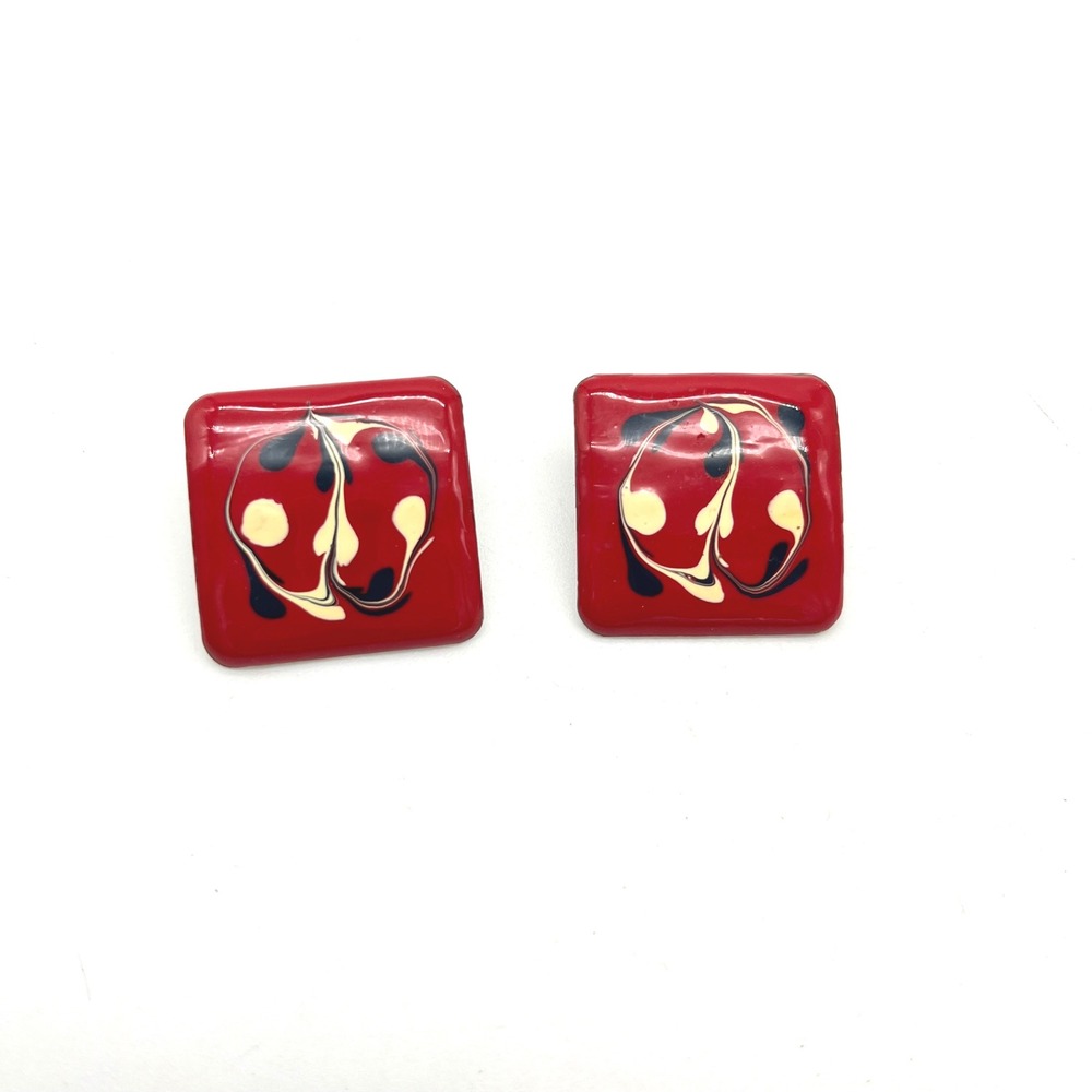 Red Square Enamel Earrings Swirl Pattern Vintage‎ Button Style Statement Jewelry